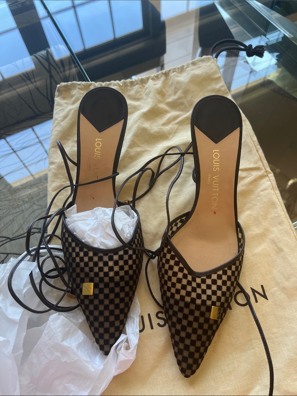 Louis Vuitton Black & Brown Damier Pointed Lace-Up Mules